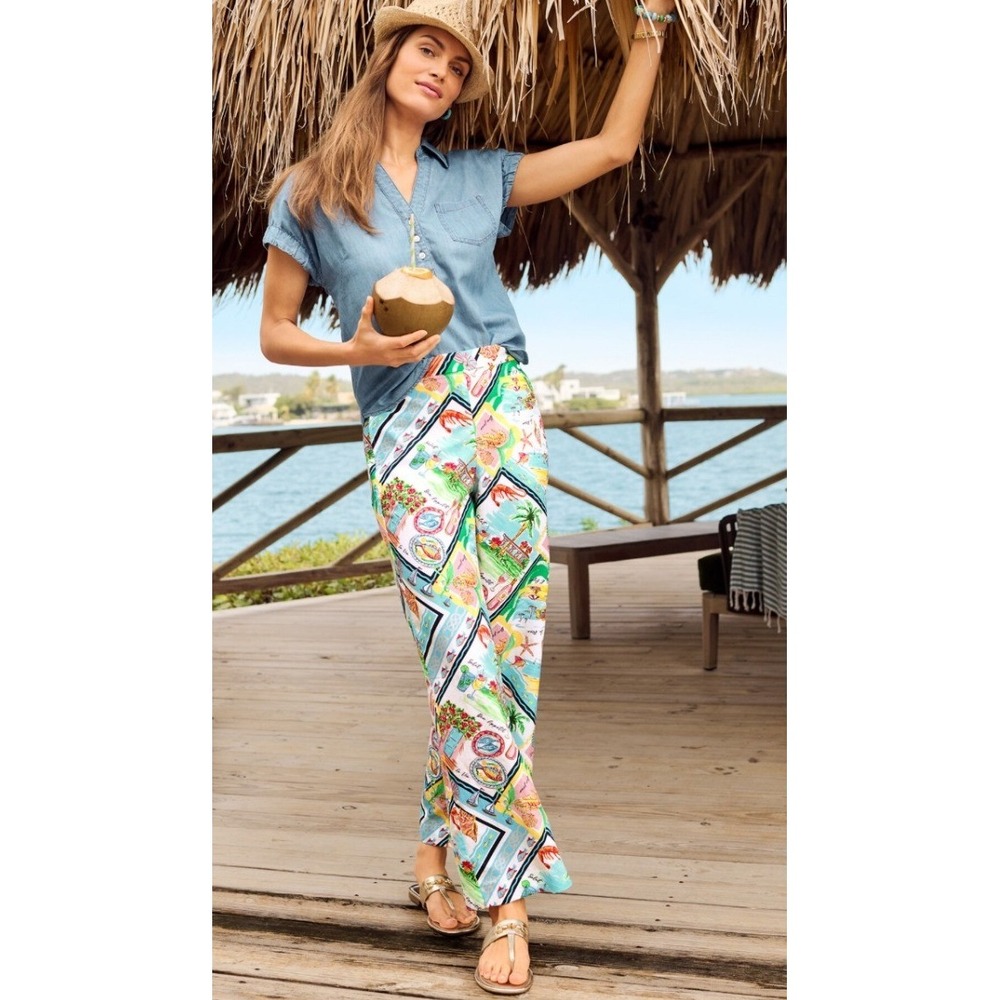 Talbots Wide Leg Ankle Pants Linen Blend sz S Nautical Island Travel Print  NWT